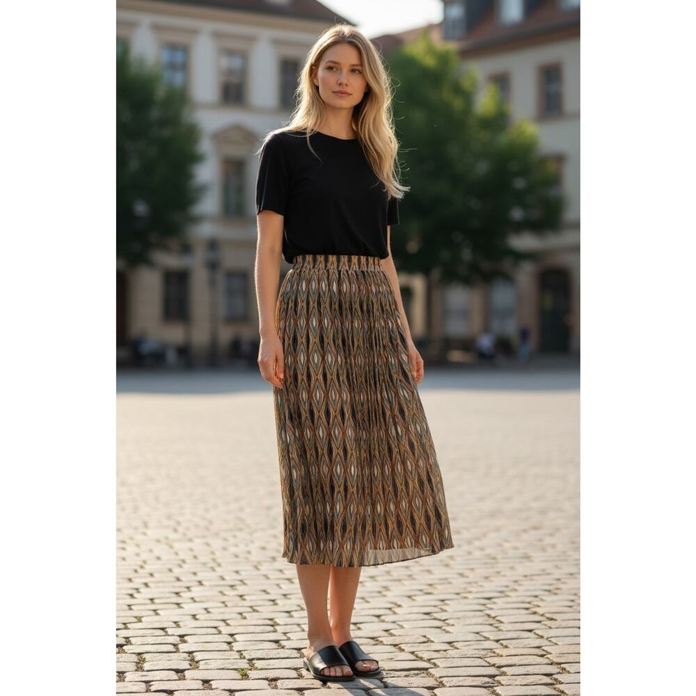 Her Pleated All Over Print Rayon Skirt Size XL Side Button PullOn Boho Geometric